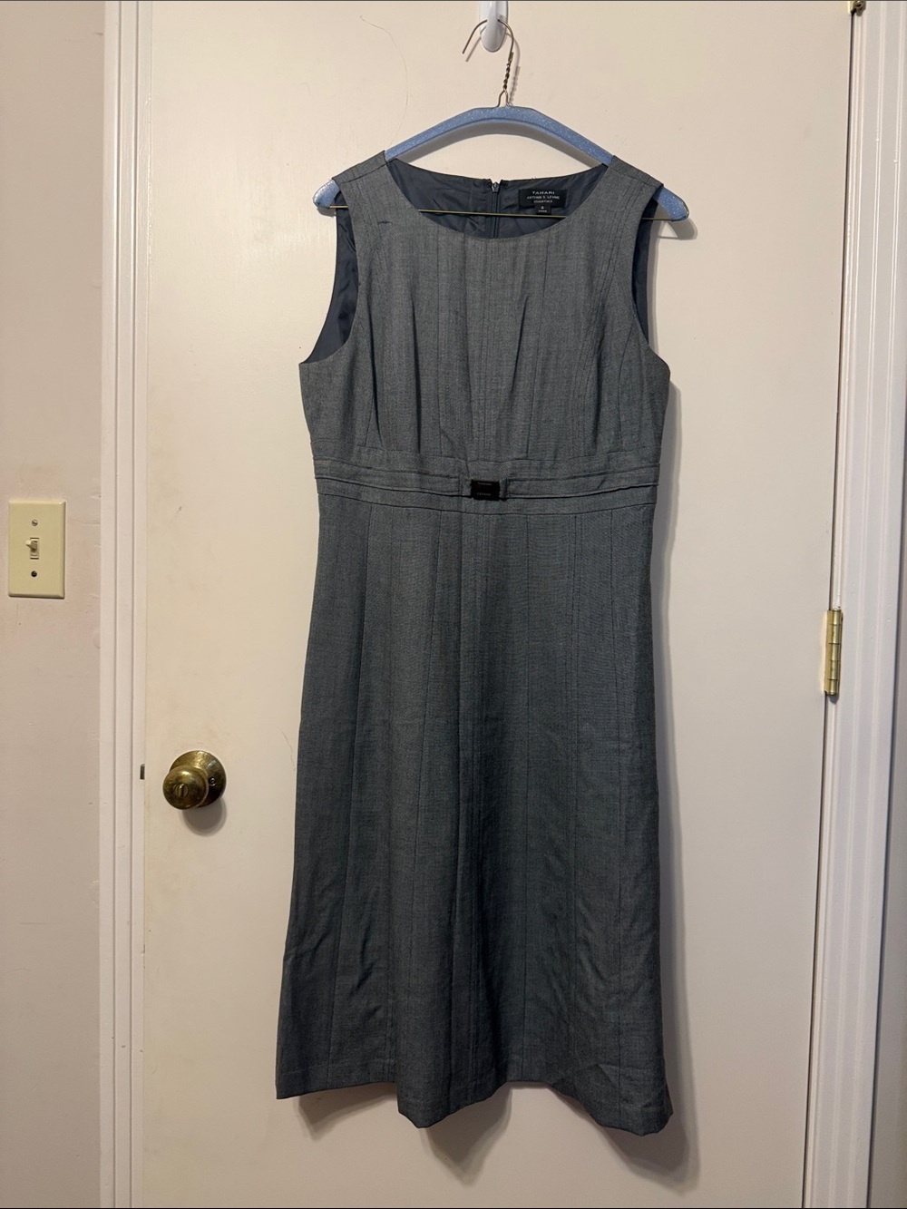 Sleeveless Grey Midi Sheath Dress with Waist Detail